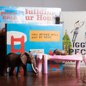 For STEAM class, a list with 20+ books about bridges, building, and engineering, to go along with our